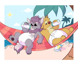 3_toes 4_fingers antennae_(anatomy) baby_bottle beach beach_blanket beach_umbrella black_eyes blush blush_lines border claws clean_diaper clothed clothing day diaper dipstick_antennae duo feet fingers fur half-closed_eyes hammock hand_behind_head milk multicolored_antennae narrowed_eyes outside outside_border palm_tree parasol plant purple_body purple_claws purple_fur purple_nose reclining red_nose sea seaside slightly_chubby sun toe_claws toes tree water wearing_diaper white_border yellow_body yellow_fur slusheep disney lilo_and_stitch fan_character igor_jookiba reuben_(lilo_and_stitch) alien experiment_(lilo_and_stitch) 2021 hi_res