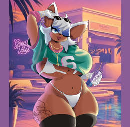 anthro bedroom_eyes big_breasts bikini_under_clothing breasts brown_body clothing crop_top eyewear female huge_breasts looking_at_viewer narrowed_eyes navel one_eye_closed poolside seductive shirt solo sunglasses sunset tattoo thick_thighs topwear wide_hips gelycall gta_vi_cover_girl sega sonic_the_hedgehog_(series) rouge_the_bat bat mammal hi_res