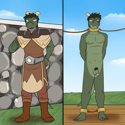 anthro armor arms_tied_behind_back balls blue_sky boots bound clothing cloud cuff_(restraint) floor footwear genitals grass horn humanoid_genitalia humanoid_penis looking_at_viewer male melee_weapon navel nipples nude outside penis plant polearm pubes restraints rope shackled shackled_ankles shackled_neck shackles shoes sky skyscape solo standing stone_wall tail uniform wall_(structure) weapon wood wood_floor fuze mythology dragon mythological_creature mythological_scalie scalie 1:1 hi_res