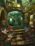 anthro archway axe bag blush chibi clutter eyes_closed fantasy female group horn kemono lamp male melee_weapon sitting stairs weapon young rikose avian felid human mammal 3:4