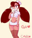 anthro biped black_hair blouse bottomwear breasts clothing eyelashes eyewear female genitals glasses hair heart_symbol legwear non-mammal_breasts nurse nurse_clothing nurse_uniform pink_body pink_scales pupils pussy scales skirt slit_pupils small_breasts solo thick_thighs thigh_gap thigh_highs topwear uniform creamy_kitty xingzuo_temple gu_(diives) reptile scalie snake 2019 digital_media_(artwork)