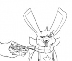 anthro clothed clothing female food fur hair hungry sandwich_(food) simple_background smile solo sweater topwear pepperchan happie_(character) lagomorph leporid mammal rabbit monochrome