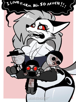 abstract_background anthro armwear big_breasts black_bottomwear black_clothing black_gloves black_handwear black_hotpants black_shorts bodily_fluids bottomwear breasts clothed clothing crop_top curvy_figure dialogue elbow_gloves eyelashes female fingerless_gloves fur glistening glistening_body glistening_breasts glistening_fur glistening_legs gloves grey_body grey_fur grey_hair hair handwear hotpants long_hair long_tail midriff multicolored_body multicolored_fur off_shoulder open_mouth red_sclera shirt shorts skimpy snout solo tail tears text thick_thighs topwear two_tone_body two_tone_fur voluptuous voluptuous_anthro voluptuous_female white_body white_eyes white_fur wide_hipped_anthro wide_hipped_female wide_hips aabramsart hellaverse helluva_boss madness_combat mythology deimos_(madness_combat) hank_j._wimbleton loona_(helluva_boss) sanford_(madness_combat) canid canid_demon canine demon hellhound mammal mythological_canine mythological_creature 2025 absurd_res artist_name digital_drawing_(artwork) digital_media_(artwork) english_text hi_res watermark