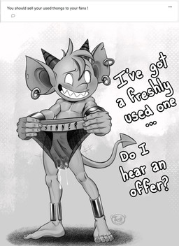 5_fingers 5_toes bodily_fluids clothing cum cum_in_clothing cum_in_underwear cum_on_clothing cum_on_underwear cum_string dialogue ear_piercing ear_ring feet fingers genital_fluids hair holding_clothing holding_object holding_underwear humanoid_feet looking_at_viewer male not_furry nude piercing plantigrade ring_piercing simple_background smile solo spade_tail standing tail teeth text toes underwear wet wet_clothing wet_underwear tush_(artist) tush_(character) demon humanoid imp absurd_res digital_media_(artwork) english_text hi_res monochrome