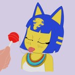 ambiguous_gender anthro bodily_fluids candy clothed clothing dessert disembodied_hand duo eyes_closed female food lollipop saliva solo_focus tongue kamikiller animal_crossing nintendo ankha_(animal_crossing) felid feline mammal 1:1 hi_res