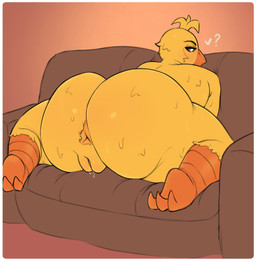 3_toes all_fours anthro anus beak big_butt blonde_hair bodily_fluids border butt butt_focus dripping_vulva feathers feet female furniture genital_fluids genitals hair half-closed_eyes heart_symbol huge_butt huge_thighs kneeling looking_back narrowed_eyes nude on_sofa orange_anus orange_beak orange_body orange_vulva purple_eyes question_mark scuted_legs scutes simple_background sofa solo sweat tan_background thick_thighs toes vaginal_fluids vulva white_border y_anus yellow_body yellow_feathers hewa five_nights_at_freddy's scottgames chica_(fnaf) avian bird chicken galliform phasianid 2026 hi_res