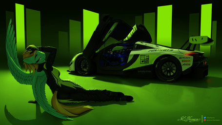 anthro bedroom_eyes blue_body car feathered_wings feathers female hair looking_at_viewer narrowed_eyes orange_hair orange_tail pose purple_eyes race_car racing_suit seductive solo spoiler_(car) tail text vehicle wings clearvision friendship_is_magic hasbro my_little_pony mythology lightning_dust_(mlp) equid equine mammal mythological_creature mythological_equine pegasus 16:9 absurd_res english_text green_theme hi_res url widescreen