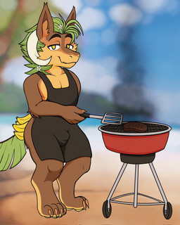 anthro apron apron_only banana beach beef black_apron black_clothing brown_body brown_fur bulge clothing food fruit fur grass_hair grilling horn leaf leaf_tail male meat plant solo spatula steak tail tools simbnea kalei_(hydro19) elemental_creature flora_fauna kobold scalie hi_res