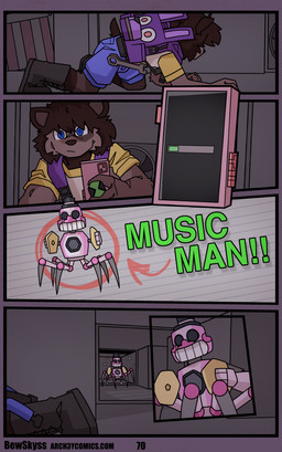 backpack clothed clothing electronics machine male overalls phone technology text tools topwear wrench bewskyss five_nights_at_freddy's five_nights_at_freddy's:_security_breach freddy_fazbear's_pizzeria_simulator scottgames steel_wool_studios bonnie_(fnaf) music_man_(fnaf) animatronic canid canine canis domestic_dog mammal robot absurd_res comic english_text hi_res