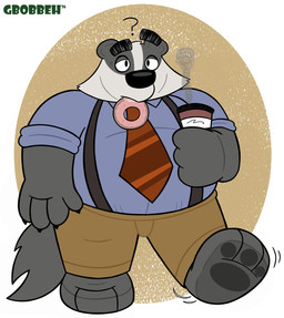 accessory anthro black_nose bottomwear clothing dessert doughnut feet food male necktie overweight overweight_male pants pastry pink_frosted_sprinkled_doughnut shirt solo standing suspenders topwear white_body gbobbeh beastly_crimes beastly_crimes_(2024) chief_badger badger mammal mustelid musteline 2026 hi_res