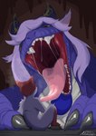 ambiguous_gender anthro anthro_prey blue_body blue_hair blue_horn blue_scales bodily_fluids cave claws detailed_mouth duo feral feral_pred front_view fur gaping_mouth glistening glistening_claws glistening_tongue grey_body grey_claws grey_fur grey_sclera hair horn horn_markings imminent_vore inside kemono larger_ambiguous larger_feral larger_pred leg_markings long_mouth looking_at_another lying macro markings monotone_hair mouth_shot multicolored_body multicolored_fur multicolored_horn multicolored_scales nude on_front open_mouth pink_tongue pupils red_body red_ears red_eyes red_fur red_hair red_insides saliva saliva_on_tongue saliva_string scales short_hair sitting size_difference smaller_ambiguous smaller_anthro smaller_prey snout socks_(marking) teeth throat tongue tongue_out two_tone_body two_tone_fur two_tone_horn two_tone_scales uvula vore white_body white_scales yellow_horn misoden_(artist) mythology dragon mammal mythological_creature mythological_scalie scalie 2023 absurd_res colored digital_media_(artwork) hi_res shaded signature