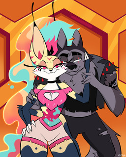 4_arms 5_fingers anthro arm_tattoo black_nose blind_eye blue_hair bottomwear breasts canon_couple clothed clothed_anthro clothed_female clothed_male clothing crop_top dialogue duo eye_scar facial_scar fangs female fingers fur grey_body grey_fur hair hand_on_face jacket leather leather_clothing leather_jacket leather_topwear male male/female multi_arm multi_limb multicolored_body multicolored_fur pants pink_eyes pink_hair red_sclera scar shirt shorts smile standing tail tattoo teeth text topwear two_tone_body two_tone_fur white_body white_eyes white_fur yellow_body yellow_fur 49ersrule07 hellaverse helluva_boss mythology queen_bee-lzebub_(helluva_boss) vortex_(helluva_boss) arthropod bee canid canid_demon canine demon fox hellhound hybrid hymenopteran insect mammal mythological_canine mythological_creature 4:5 hi_res