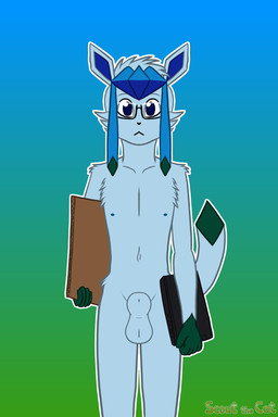 animal_genitalia anthro balls blue_body blue_ears blue_eyes blue_fur cardboard computer electronics eyewear fully_sheathed fur genitals glasses green_body green_fur laptop male navel nipples nude poker_face sheath solo wearing_glasses scoutthecat02 nintendo pokemon brady_d'arco eeveelution generation_4_pokemon glaceon pokemon_(species) 2:3 hi_res