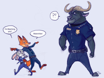 anthro dialogue female fur grey_body grey_fur group horn interrobang male red_body red_fur speech_bubble text disney zootopia chief_bogo judy_hopps nick_wilde bovid bovine canid canine cape_buffalo fox lagomorph leporid mammal rabbit red_fox true_fox 2016 4:3 english_text