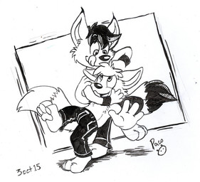 anthro bottomwear cheek_tuft chest_tuft closed_smile clothed clothing dipstick_tail duo facial_tuft glistening glistening_eyes hair logo male male_anthro markings messy_hair mouth_closed open_mouth open_smile pants pawpads playful short_hair smile tail tail_markings topless tuft young young_anthro young_male pandapaco canid canine mammal 2015 artist_logo dated monochrome signature sketch