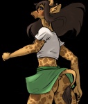 anthro anus biped blue_eyes blush bottomwear brown_hair butt clothed clothing female genitals hair looking_back midriff no_underwear open_mouth pussy shirt simple_background skirt solo topwear transparent_background upskirt walking wind queenkami crosoe_(xial) giraffe giraffid mammal alpha_channel