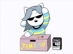 anthro box cardboard cardboard_box cereal_box clothed clothing container dancing eyewear front_view grey_hair hair shirt simple_background solo sunglasses text topwear white_background white_body trcoot undertale undertale_(series) temmie_(undertale) canid canine felid feline mammal tem 2016 animated digital_media_(artwork) frame_by_frame loop short_playtime