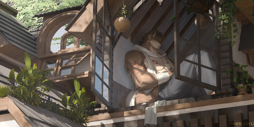 anthro bottomwear brown_body brown_fur brown_hair building clothing day eyes_closed fur grey_bottomwear grey_clothing grey_pants hair inside male male_anthro markings messy_hair mouth_closed muscular muscular_anthro muscular_male pants pecs plant red_markings short_hair sitting solo tan_body tan_fur window awaldkize canid canine mammal absurd_res hi_res