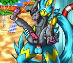 alternate_color anal anal_penetration anthro balls bdsm beach blush bondage bound dominant duo female genitals knot leg_grab legs_up male male/female male/male paws penetration penis seaside smile freyart nintendo pokemon fan_character generation_7_pokemon legendary_pokemon pokemon_(species) species_request zeraora hi_res