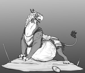 armor beak belly big_belly duo feral feral_pred forced fully_inside headgear helmet looking_at_belly male melee_weapon open_mouth polearm shield spear sword tail tail_wraps tongue unwilling_prey vore weapon wraps thatgryphonguy mythology avian gryphon mythological_avian mythological_creature greyscale hi_res monochrome sketch