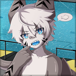 ahoge anthro arm_markings black_markings blue_eyes blue_tongue collarbone ear_markings eyebrow_through_hair eyebrows facial_markings grey_body hair head_markings hungry looking_at_viewer male markings multicolored_body pointing_at_mouth sharp_teeth solo speech_bubble swimming_pool tail teeth tongue translucent translucent_hair two_tone_body water white_body white_hair gaogomon changed_(video_game) tiger_shark_(changed) aquatic fish requiem_shark shark tiger_shark 1:1 absurd_res hi_res portrait
