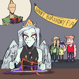 amber_(gem) amber_(material) amber_eyes annoyed anthro bald banner biped birthday birthday_cake black_clothing black_topwear blue_body blue_scales bottomwear cake candle clothed clothed_anthro clothed_female clothed_human clothed_male clothing cutaway cutlery dessert embarrassed eyes_mostly_closed facial_horn feathered_wings feathers female female_focus fingers fire fist food fork front_view furniture green_clothing green_jacket green_shirt green_topwear grey_background grey_body grey_bottomwear grey_clothing grey_feathers grey_hair grey_pants group hair hat headgear headwear horn humanoid_hands jacket jewelry kitchen_utensils long_hair looking_aside looking_at_another male muscular muscular_anthro muscular_male narrowed_eyes necklace open_clothing open_jacket open_topwear pants party_hat pink_body pink_hair pink_scales purple_body purple_hair purple_scales red_clothing red_shirt red_tank_top red_topwear scales shirt short_hair simple_background sitting smug solo_focus standing table tank_top tools topwear torn_bottomwear torn_clothing torn_pants wings garylthebinecorn cavemanon_studios goodbye_volcano_high ko_op_(game_developer) snoot_game anon_(snoot_game) fang_(gvh) reed_(gvh) trish_(gvh) ceratopsian ceratopsid chasmosaurine dinosaur dromaeosaurid human mammal marginocephalian ornithischian prehistoric_species pterosaur reptile saurischian scalie theropod triceratops velociraptor 1:1 absurd_res colored hi_res