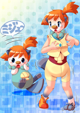 3_toes 5_fingers abstract_background big_eyes big_nose blue_body blue_eyes blue_fur blue_tail blush brown_nose clothing dialogue feet female feral fingers footwear freckles fur growth gym_leader hair human_to_feral legwear light_body light_skin mid_transformation no_sclera nose_expansion open_mouth orange_hair pattern_background paws pokemon_speak seashell shell shocked shoe_burst shrinking simple_background size_transformation socks solo species_transformation speech_bubble tail tail_growth text toes torn_clothing torn_footwear torn_shoes torn_socks transformation transformation_sequence two_frame_sequence white_body edmol nintendo pokemon misty_(pokemon) pokemon_trainer generation_5_pokemon human mammal mustelid oshawott pokemon_(species) 2010 digital_media_(artwork) japanese_text translated