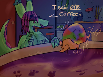 aquarium beverage breasts coffee dialogue feral fish_tank humor inside quadruped shell size_difference sound_effects standing text tongue tongue_out vivarium rockpankake monster_energy ama_(rockpankake) minty_(minty_flur) goo_creature 2026 4:3 digital_media_(artwork) english_text hi_res