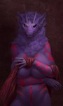 anthro big_breasts black_body black_skin breasts female fur hair horn looking_at_viewer nude red_eyes simple_background solo tattoo humbleguest yetzer_hara demon jinn synx digital_media_(artwork) hi_res