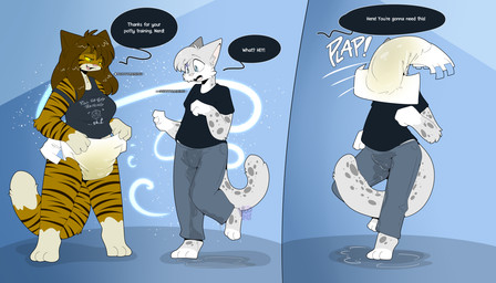anthro attribute_theft bodily_fluids bottomwear clothed clothing diaper diaper_fetish diaper_on_face diapered_female duo female fur genital_fluids hair incontinence larger_female male open_mouth pants peeing profanity simple_background size_difference smile surprised tail text topwear unclean_diaper urine urine_pool used_diaper wearing_diaper wet wet_bottomwear wet_clothing wet_diaper wet_pants wetting white_body white_fur maynara jordan_(chronokitten) mae_(maynara) domestic_cat felid feline felis mammal pantherine tiger 2023 digital_media_(artwork) english_text hi_res