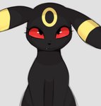 black_body black_eyes black_fur black_nose cute_fangs fangs female feral fur fur_markings looking_at_viewer looking_up markings red_sclera ring_(marking) simple_background sitting snaggle_tooth solo teeth white_background yellow_body yellow_fur arteficialtrees nintendo pokemon eeveelution generation_2_pokemon pokemon_(species) umbreon 2024 portrait