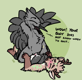 abdominal_bulge anthro antlers beak blush blush_lines bodily_fluids breasts claws clitoris cowgirl_position cum cum_in_vagina cum_inflation cum_inside cum_on_self dominant dominant_female duo erection excessive_cum excessive_genital_fluids feathered_wings feathers featureless_breasts female from_front_position fur genital_fluids genitals grey_body hand_behind_head horn inflation male male/female male_penetrating nude on_bottom on_top open_mouth penetration penile penis pinned pinned_to_ground power_bottom questionable_consent scared semi-anthro sex simple_background smile text vaginal vaginal_penetration winged_arms wings bizart kodin vera_(bizart) avian bird deer juniper_titmouse mammal oscine passerine tit_(bird) titmouse_(bird) 2025 aliasing digital_media_(artwork) english_text hi_res
