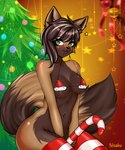 anthro bikini bikini_top brown_body brown_hair candy candy_cane christmas_clothing christmas_decorations christmas_underwear clothed clothing dessert female fluffy fluffy_tail food hair holidays legwear lollipop no_underwear solo stockings swimwear tail two-piece_swimsuit underwear nisaku christmas felid feline mammal absurd_res hi_res