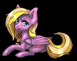 blonde_hair blue_eyes cutie_mark eyelashes female feral glistening glistening_eyes hair looking_at_viewer lying on_side open_mouth open_smile purple_body purple_wings side_view smile solo tail wings yellow_tail milk-jug hasbro my_little_pony equid equine horse mammal pony alpha_channel