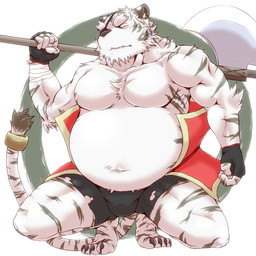 anthro axe belly bottomwear bulge clothing fur humanoid_hands male melee_weapon moobs navel overweight overweight_anthro overweight_male shorts simple_background solo weapon white_body white_fur misokemo こしゃなん felid mammal pantherine tiger 1:1 2011