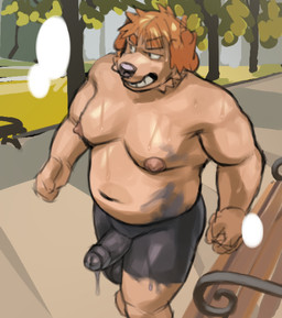 anthro balls belly bench big_balls big_nipples big_penis bodily_fluids bodypaint erection fangs foreskin genitals glans hair long_hair male moobs navel nipples nude open_mouth outside overweight overweight_male painted_clothing park penis plant public smile solo sweat teeth tree unretracted_foreskin walking djtaka canid canine canis domestic_dog mammal hi_res