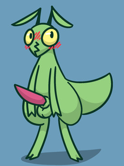 animal_genitalia antennae_(anatomy) anthro balls big_balls big_penis blue_background blush blush_lines clothed clothing digitigrade erection genitals green_body looking_at_viewer male nude penis shadow sheath sheathed_tapering_penis simple_background solo standing tapering_penis wide_hips yellow_eyes gandergeist arthropod grasshopper insect orthopterid 3:4 aliasing digital_media_(artwork) hi_res shaded simple_shading