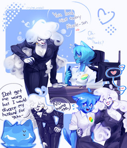 abstract_background accessory anthro arm_around_partner arm_support bent_arm big_breasts biped black_bottomwear black_clothing black_eyebrows black_pants black_shirt black_text black_topwear blue_body blue_ears blue_eyes blue_fur blue_hair blue_heart blue_inner_ear blue_inner_ear_fluff blue_tail blue_text blush blush_lines bodily_fluids bottomwear breast_size_difference breasts button_(fastener) chair cleavage cleavage_overflow clothed clothed_anthro clothed_female clothed_humanoid clothing cloud collared_shirt computer crossed_legs curly_hair curved_eyebrows decorative_pin desk dialogue duo ear_piercing ear_ring electronics eyebrow_through_hair eyebrows eyelashes eyes_closed fangs female female/female female_anthro female_humanoid fingers flying_sweatdrops fully_clothed fully_clothed_anthro fully_clothed_female fully_clothed_humanoid fur furniture gesture glistening glistening_hair glistening_lips grey_text hair hair_over_eye hand_gesture hand_on_hip hand_on_own_hip head_turned heart_symbol humanoid_hands inner_ear_fluff iris leaning leaning_forward legs_together light_body light_fur light_hair lips lipstick long_eyelashes long_hair looking_aside looking_at_another looking_down looking_down_at_another makeup mature_anthro mature_female mature_humanoid medium_breasts name_drop name_in_dialogue no_homo noseless office_chair on_chair open_mouth open_smile pants paper partial_speech_bubble piercing pin_accessory pin_button pink_heart pointing pointing_at_self pointy_ears prick_ears pupils question_mark red_blush red_lips red_lipstick red_tongue ring_piercing rolled_up_sleeves shirt short_hair sitting sitting_on_chair sitting_on_office_chair smile smiling_at_another snout speech_bubble standing sweat sweatdrop table tail talking_to_another teeth text text_with_heart thick_thighs thin_eyebrows three-quarter_view tongue topwear translucent translucent_hair tuft white_body white_breasts white_clothing white_ears white_hair white_sclera white_shirt white_topwear crying_anabell cartoon_network the_amazing_world_of_gumball nicole_watterson yuki_yoshida air_creature air_humanoid cloud_humanoid domestic_cat elemental_creature elemental_humanoid felid feline felis humanoid living_cloud mammal 2024 artist_name digital_drawing_(artwork) digital_media_(artwork) english_text hi_res