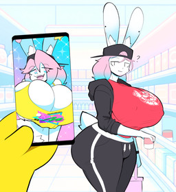ambiguous_gender ambiguous_pov anthro beard big_breasts black_baseball_cap black_bottomwear black_clothing black_hoodie black_pants black_sweatpants black_topwear blue_eyes blue_hair bottomwear breasts cellphone character_on_shirt cleavage clothed clothed_anthro clothed_gynomorph clothing comparing crotch_tuft detailed_background duo electronics eye_through_hair eyebrow_through_hair eyebrows eyelashes facial_hair first_person_view fur furgonomic_baseball_cap furgonomic_headwear furgonomics gradient_background gynomorph gynomorph_anthro hair holding_breast holding_cellphone holding_object holding_phone holding_smartphone hoodie huge_breasts inner_ear_fluff intersex intersex_anthro long_ears looking_at_viewer multicolored_eyes multicolored_hair narrowed_eyes nipple_outline open_mouth open_smile pants phone pink_eyes pink_hair question_mark red_clothing red_shirt red_topwear seductive shirt shopping shopping_basket short_tail simple_background smartphone smile stubble sweatpants tail tongue tongue_out topwear translucent translucent_hair tuft two_tone_eyes two_tone_hair white_body white_fur yellow_body yellow_clothing yellow_topwear theycallhimcake mario_bros nintendo mario pb_(theycallhimcake) lagomorph leporid mallkin mammal rabbit 2024 absurd_res digital_drawing_(artwork) digital_media_(artwork) english_description hi_res busty_boy_(lore) male_(lore)