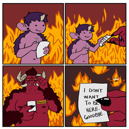 4_panel_comic ambiguous_gender anthro border duo fire hell humor male nude paper purple_body red_body smile text white_border aescwyning demon 1:1 2021 comic english_text hi_res