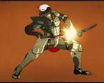 anthro armor black_bars body_armor cybernetics feathers katana machine melee_weapon orange_background orange_eyes simple_background solo sword sword_sheath unsheathing_sword unsheathing_weapon weapon amit konami metal_gear metal_gear_rising:_revengeance platinumgames jetstream_sam avian cyborg 2015 letterbox