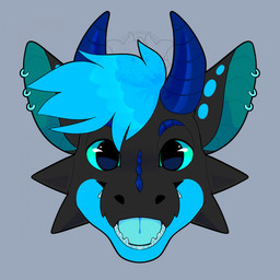anthro black_body blue_body blue_eyes blue_hair blue_tongue hair male solo tongue noodlethings mythology dragon mythological_creature mythological_scalie scalie 1:1 character_request headshot_portrait hi_res portrait