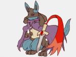 ambiguous_gender anthro black_body black_fur blue_body blue_fur cape clothing fur jewelry melee_weapon necklace purple_eyes red_eyes simple_background solo sword tail tan_body tan_fur weapon conditional_dnp erobos nintendo pokemon canid canine generation_4_pokemon generation_6_pokemon honedge lucario mammal pokemon_(species) living_(disambiguation)