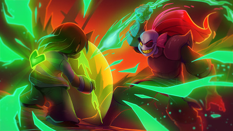 anthro armor clothing duo energy eye_patch eyewear female fight green_eyes hair melee_weapon polearm red_hair sharp_teeth shield smile spear teeth weapon yellow_sclera palidoozy undertale undertale_(series) frisk_(undertale) undyne aquatic fish human mammal 16:9 2015 hi_res widescreen