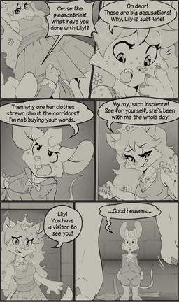 accessory anthro blush blush_lines bow_tie breasts buckteeth cat_tail claws clothed clothing crown dialogue dress duo eyelashes female finger_claws flower flower_in_hair freckled_face freckled_shoulders freckles hair hair_accessory headgear jewelry long_eyelashes long_hair male male/female mouse_tail necklace pawpads paws plant servant sharp_teeth shocked small_breasts teeth text toe_claws uniform muhny lyle_(muhny) princess_nino_(muhny) domestic_cat felid feline felis mammal mouse murid murine rodent comic english_text hi_res