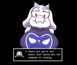 anthro big_breasts black_background breasts clothing female purple_clothing red_eyes simple_background smile solo text text_box white_body karkrx23 undertale undertale_(series) toriel boss_monster_(undertale) bovid caprine mammal english_text hi_res