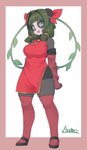 anthro asian_clothing black_body black_fur black_nose breasts clothing east_asian_clothing female fur green_eyes green_hair hair legwear open_mouth red_clothing red_legwear red_stockings simple_background smile solo stockings arumo bear giant_panda mammal 2021 absurd_res hi_res