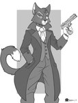 anthro bottomwear clothed clothing coat eyewear fur glasses gun hand_in_pocket handgun holding_gun holding_object holding_ranged_weapon holding_weapon male mouth_closed necktie pants pockets raised_tail ranged_weapon shirt solo standing tail topwear vest weapon whiskers marcushunter lackadaisy mordecai_heller domestic_cat felid feline felis mammal 2024 monochrome signature