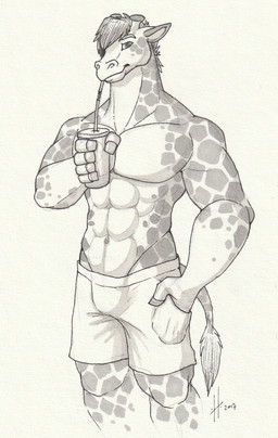abs anthro beverage clothed clothing drinking_straw front_view hair holding_beverage holding_object looking_at_viewer male male_anthro mouth_closed muscular muscular_anthro muscular_male navel pecs short_hair simple_background solo spotted_arms spotted_legs spotted_neck standing tail tail_tuft topless tuft hufnaar giraffe giraffid mammal 2017 dated hi_res monochrome portrait three-quarter_portrait