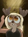 anthro antlers big_breasts blonde_hair breasts brown_body brown_fur cleavage clothed clothing eyelashes female forest forest_background fur hair horn looking_up nature nature_background orange_eyes plant shirt solo spider_web tank_top teeth text topwear tree worried guak nora_ashford arachnid arthropod deer mammal moose new_world_deer spider bust_portrait portrait